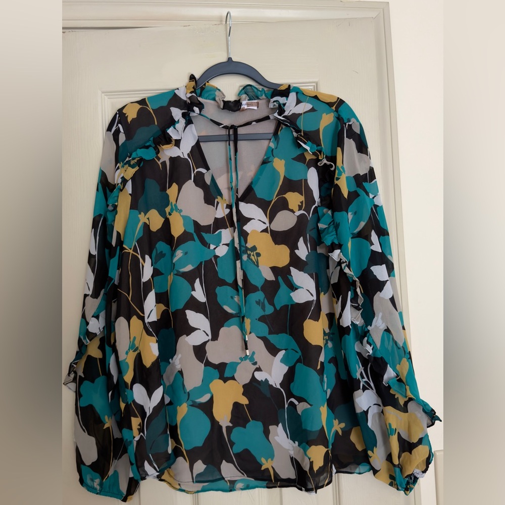Calvin Klein Teal Floral Tie-Front Blouse